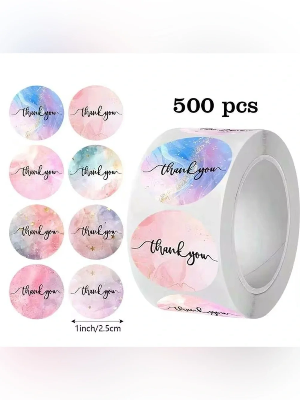Pastel Watercolor Thank You Stickers 1” Round 500 Count Small Business Packaging